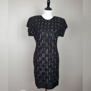 Vtg 80's Stenay 100% Silk Black Beaded Shift Dress